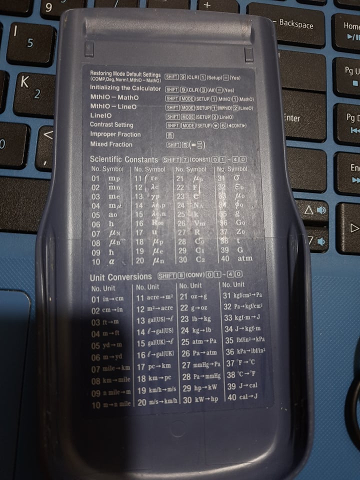Back side of scientific calculator with code measurements