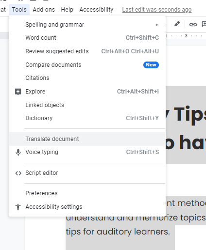How to translate text on google docs