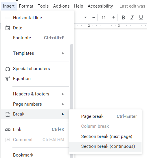 how to add a new page google docs - section break