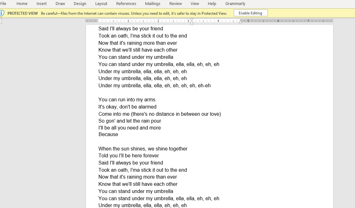 umbrella lyrics in word documents song