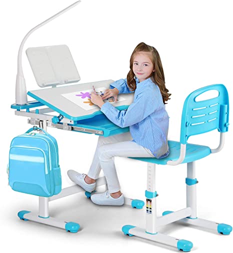 3 BEST Study Table for Kids You Can Buy Online Artist Hand Kids Study Desk and Chair Set Height Adjustable Children School Table Large Writing Board Desk with LED Lamp Pull Out Drawer Pencil Case Bookstand Blue
