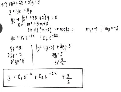 Solve equation: (D2 + 3D+2)y=3