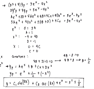 Solve Differential equation: (D2+4)y=3ex-4x2