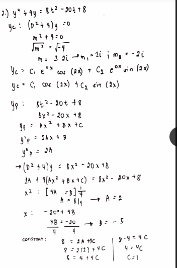 Solve Differential Equation: y"+4y=8 t^2-20(t)+8