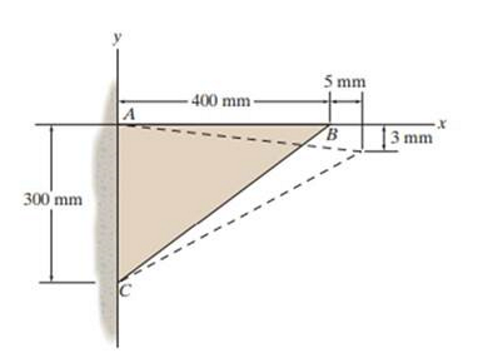 4. The triangular plate is deformed into the shape shown by the dashed line. Determine the normal strain along edge BC and the average shear strain at corner A with respect to the x and y axes.
