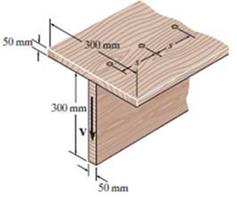 The T-beam is nailed together as shown. If the nails can each support a shear force of 4.5 kN, determine the maximum shear force ð�‘‰ that the beam can support and the corresponding maximum nail spacing ð�‘  to the nearest multiples of 5 mm. The allowable shear stress for the wood is ð�œ� = 3 MPa.